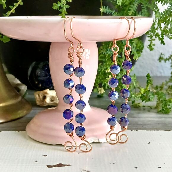 Boho Chic Cobalt Faceted Glass Beaded Dangle Earrings, Statement Earrings, 3" - Picture 5 of 6